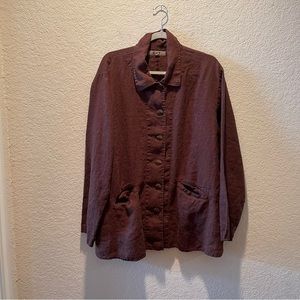 FLAX 100% linen chocolate brown button up lagen look shirt jacket, size L
